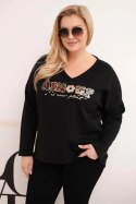 Bluza damska Plus Size z napisem i dekoltem V czarna