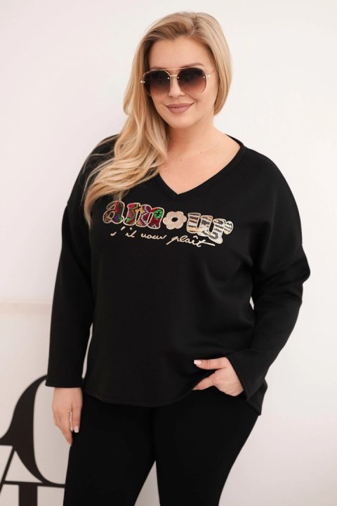 Bluza damska Plus Size z napisem i dekoltem V czarna