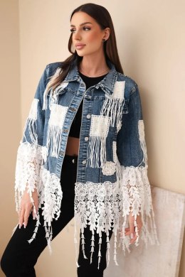 Kurtka jeansowa damska bawełniana z frędzlami i koronką w stylu boho ciemno jeansowa