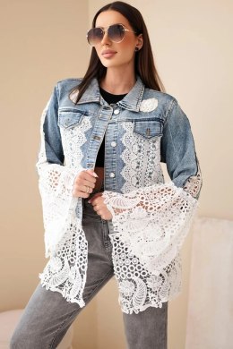 Kurtka jeansowa damska z bawełny i kwiatową koronką ciemno jeansowa