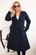 Płaszcz damski Plus Size klasyczny z guzikami i kołnierzem granatowy