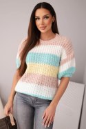 Sweter damski ażurowy w kolorowe pasy z krótkim rękawem ciemny pudrowy róż