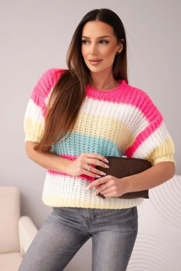 Sweter damski ażurowy w kolorowe pasy z krótkim rękawem różowy neon