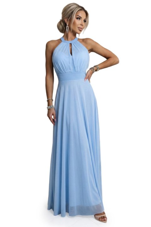 662-1 Elegancka sukienka wieczorowa maxi halter z tiulem i wiązaniem w talii - błękitna