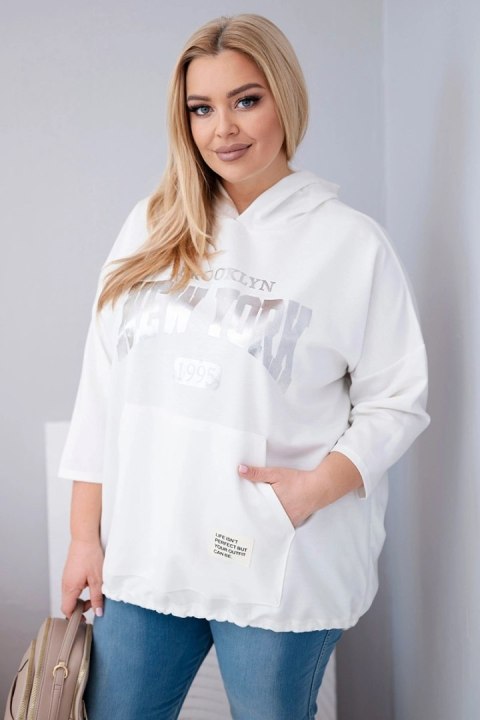 Bluza damska Plus Size wiskozowa z kapturem i kieszenią kangurką biała
