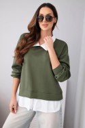 Bluza damska masełkowa z wiskozy i z koszulową wstawką khaki