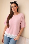 Sweter damski z krótkim rękawem i koronką ciemny pudrowy róż