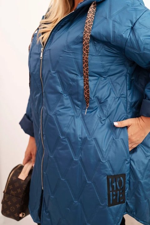 Kurtka damska Plus Size pikowana z kapturem i napisem HOPE jeansowa