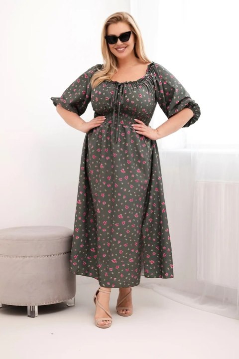 Sukienka damska Plus Size z dekoltem na troczki i elastyczną talią khaki
