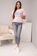 Sweter damski ażurowy w kolorowe pasy z krótkim rękawem beżowy