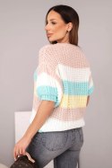 Sweter damski ażurowy w kolorowe pasy z krótkim rękawem ciemny pudrowy róż