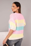 Sweter damski ażurowy w kolorowe pasy z krótkim rękawem jasno różowy