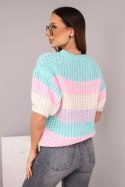 Sweter damski ażurowy w kolorowe pasy z krótkim rękawem miętowy