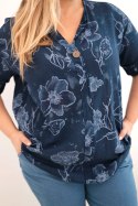 Bluzka damska bawełniana Plus Size w kwiatowy wzór granatowa