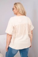 Bluzka damska bawełniana Plus Size z dekoltem V i frędzlami na plecach beżowa
