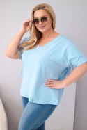 Bluzka damska bawełniana Plus Size z dekoltem V i frędzlami na plecach niebieska