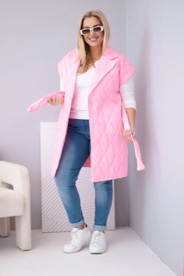 Kamizelka damska Plus Size pikowana z paskiem i kołnierzem jasno różowa