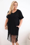 Sukienka damska bawełniana z dekoltem V i frędzlami Plus Size czarna