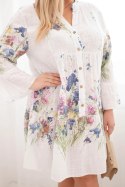 Sukienka damska bawełniana Plus Size z dekoltem V i guzikami kwiatowy wzór biała