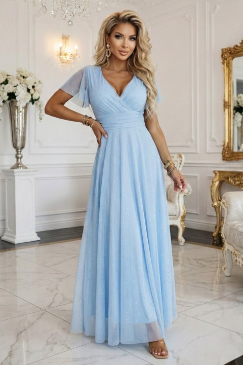 635-6 MELANIA długa błyszcząca suknia na wesele z dekoltem i krótkim rękawkiem - błękitna