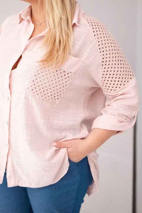 Koszula damska bawełniana Plus Size z kołnierzykiem i koronkową wstawką ciemny pudrowy róż