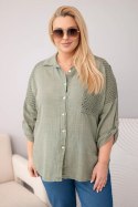 Koszula damska bawełniana Plus Size z kołnierzykiem i koronkową wstawką khaki