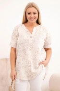 Bluzka damska bawełniana Plus Size z krótkim rękawem i ozdobnym guzikiem beżowa