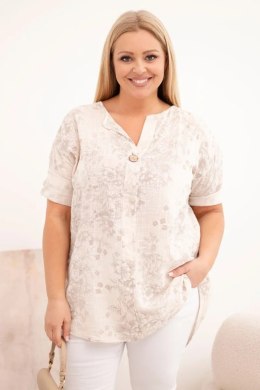 Bluzka damska bawełniana Plus Size z krótkim rękawem i ozdobnym guzikiem beżowa