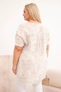 Bluzka damska bawełniana Plus Size z krótkim rękawem i ozdobnym guzikiem beżowa