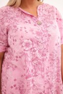 Bluzka damska bawełniana Plus Size z krótkim rękawem i ozdobnym guzikiem jasno różowa
