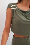 Komplet damski z bluzką z ozdobną klamrą i dopasowaną spódnicą khaki
