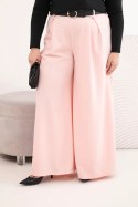 Spodnie damskie Plus Size z szeroką nogawką i paskiem pudrowy róż