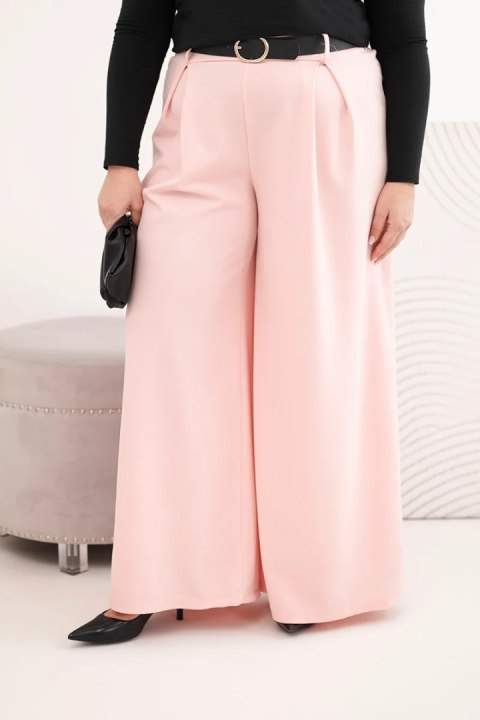 Spodnie damskie Plus Size z szeroką nogawką i paskiem pudrowy róż