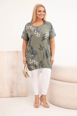 Bluzka damska bawełniana Plus Size z krótkim rękawem i wiązaniem na dole khaki