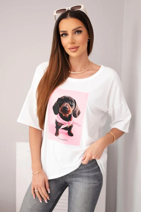Bluzka damska bawełniana oversize z nadrukiem "Dog Fashion" biała