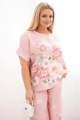 Komplet damski Plus Size z bluzką i spodniami w kwiaty z szeroką nogawką pudrowy róż