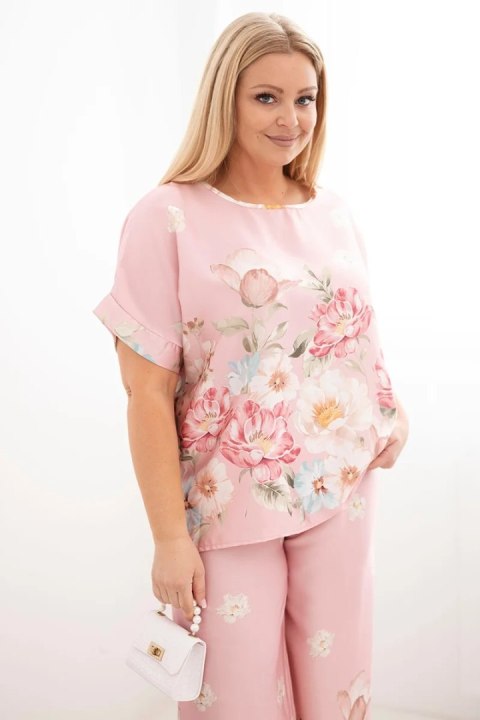 Komplet damski Plus Size z bluzką i spodniami w kwiaty z szeroką nogawką pudrowy róż