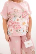 Komplet damski Plus Size z bluzką i spodniami w kwiaty z szeroką nogawką pudrowy róż