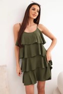 Sukienka damska na ramiączkach z falbanami mini khaki