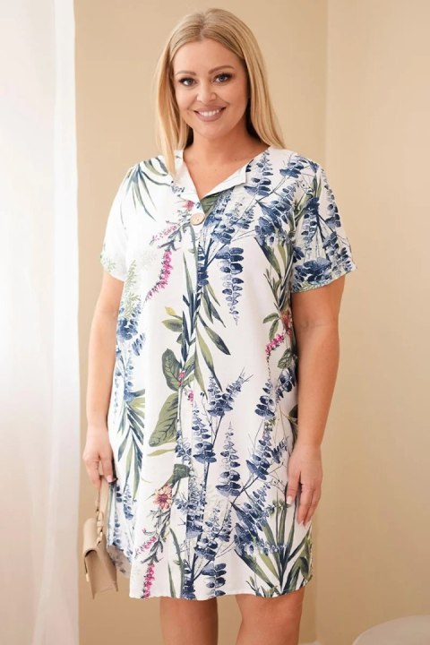 Sukienka damska wiskozowa Plus Size z krótkim rękawem i dekoltem na guziki biała