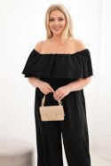 Kombinezon damski wiskozowy Plus Size hiszpanka z falbaną i szeroką nogawką czarny