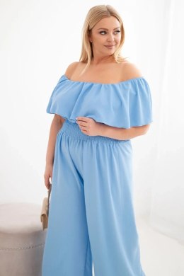 Kombinezon damski wiskozowy Plus Size hiszpanka z falbaną i szeroką nogawką niebieski