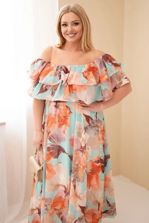 Sukienka damska wiskozowa Plus Size z falbaną hiszpanka i elastyczną talią maxi miętowa