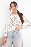 Sweter damski bawełniany ażurowy z ozdobnym wzorem i długim rękawem biały