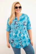 Bluzka damska bawełniana Plus Size w kwiatowy wzór turkusowa
