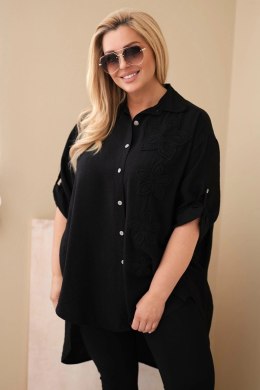 Koszula damska Plus Size z wiskozy z haftem kwiatowym czarna