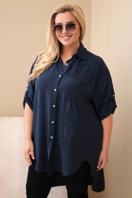 Koszula damska Plus Size z wiskozy z haftem kwiatowym granatowa
