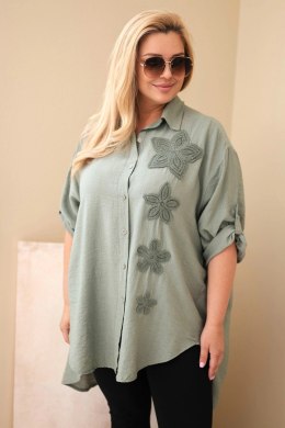 Koszula damska Plus Size z wiskozy z haftem kwiatowym khaki