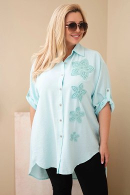 Koszula damska Plus Size z wiskozy z haftem kwiatowym miętowa