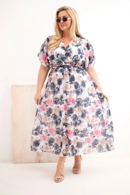 Sukienka damska Plus Size w kwiaty z wiązaniem grafitowa